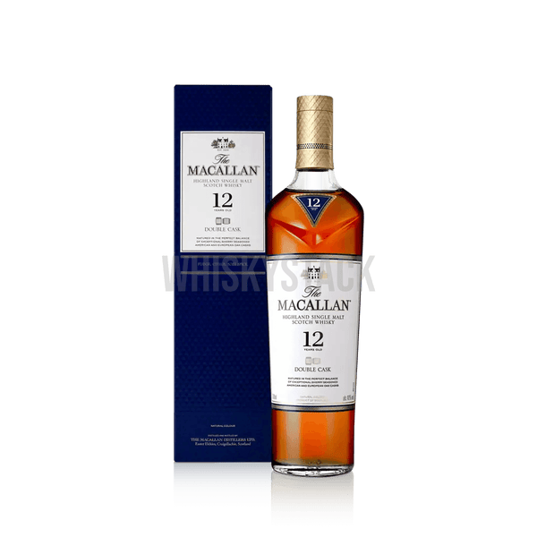 Macallan 12 Years Old Double Cask Whiskyflaske, en premium single malt lagret på både europæiske og amerikanske egetræsfade, der giver noter af honning, citrus og tørret frugt.