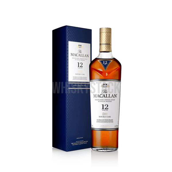 Macallan 12 Years Old Double Cask Whiskyflaske, en premium single malt lagret på både europæiske og amerikanske egetræsfade, der giver noter af honning, citrus og tørret frugt.